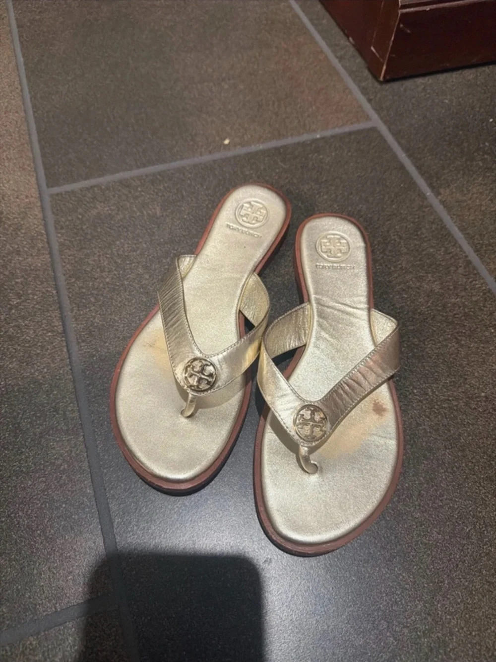 Tory Burch Metallic Gold Logo Thong Sandals